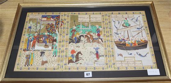 A Persian gouache, triptych 30 x 62cm excl. frame